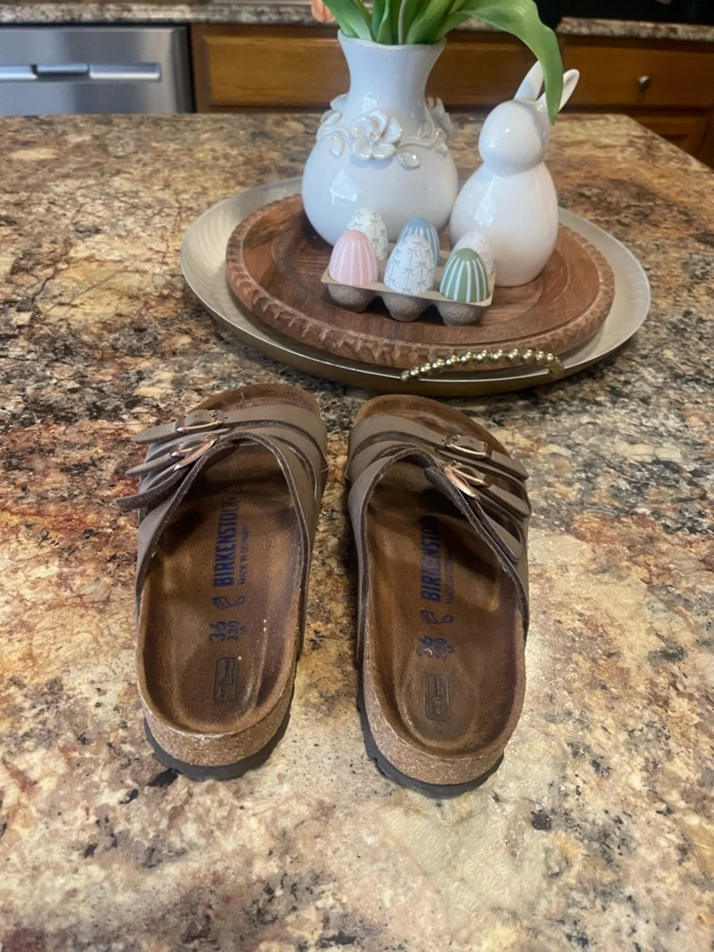 Birkenstock Brown Triple-Strap Suede Slide Sandals - Picture 4 of 6